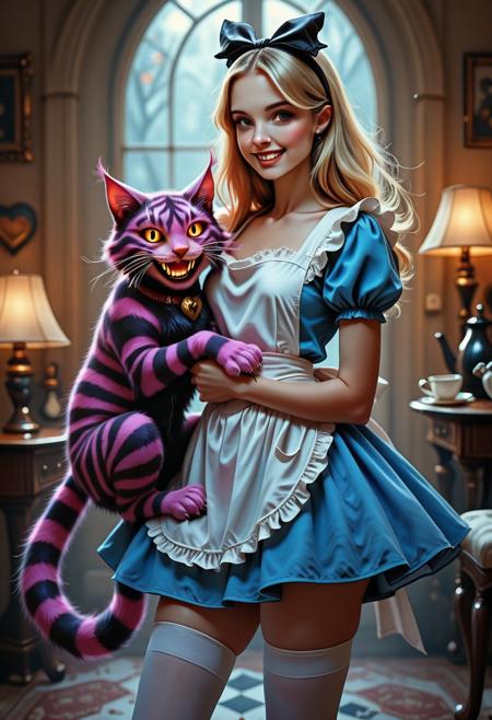 UnderlandAlice,  Score 9, Score 8, Score 7, Masterpiece, High Quality, Good Quality, Latest Model, High Resolution, alice in wonderland, blonde hair, short blue dress, white apron, white thighhighs,
BREAK
 Holding Cheshire Cat, stroking Cheshire Cat, cat with large fangs and creepy grin,
fantasy horror, studio ghibli nightmare, neil gaiman aesthetic, soft shadows, cinematic lighting, masterpiece