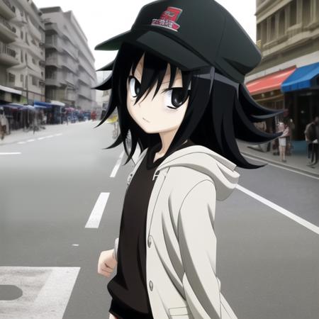 masterpiece, detailed, tomoko-kuroki, black hooded pullover, red cap, brown shorts, (crowded street background), looking at viewer, american shot, <lora:tomoko-kuroki:0.8>