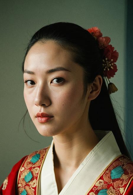 analogue portrait photo of a beautiful 25 years old woman, clear focus, high resolution image, , Wearing traditional chinese clothes,low light, soft natural light, Rembrandt style light, Hasselblad DLSR camera, 200mm Zeiss lens, f/2.8, ,Sexy pose, erotic pose, exhibitionism ,Cliffside castle
