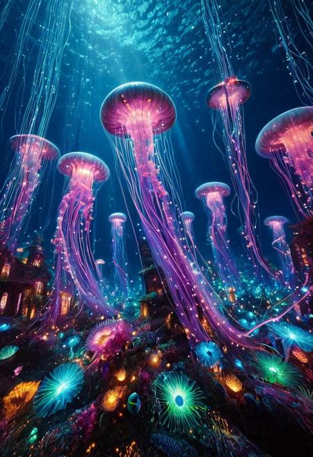 masterpiece, best quality, ultra-detailed, vivid lighting, wide-angle underwater shot. A vast, dreamlike marine world glowing with vibrant, bioluminescent light. The ocean floor is teeming with life — coral towers and waving sea anemones in radiant purples, pinks, blues, and greens, each pulsing softly like underwater lanterns. Enormous jellyfish drift slowly through the water, their translucent bodies trailing long luminous tendrils. Schools of small fish swim in coordinated patterns, their scales reflecting the colored light like polished glass. Gigantic deep-sea creatures hover silently in the distance, casting shimmering shadows over the reef. The bioluminescent sources — fish, flora, and mysterious deep-sea entities — are the only illumination, painting the scene with brilliant, surreal hues. The water is crystal clear, filled with glowing particles in constant motion, giving the impression of drifting stardust. Mood: awe-inspiring, enchanted, full of movement and life.
