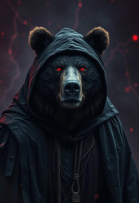 A portrait of an anthro grizzly bear wearing tattered black wizard robes, composed of dark greys and blacks, with stark accent of vivid red eyes burning like embers, all against a moody mesmerizing backdrop of swirling ghostly dark red lights. Atmospheric lightning with haze, highly detailed color graded cinematic style, shallow depth of field, highly detailed, moody, epic, outdoors, night,