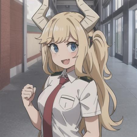 pony tsunotori, 1girl, solo, long hair, breasts, looking at viewer, smile, open mouth, blue eyes, blonde hair, shirt, school uniform, white shirt, upper body, short sleeves, :d, necktie, horns, collared shirt, black eyes, parody, own hands together, red necktie, style parody, u.a. school uniform   <lora:PonyTsunotoriLoRA-10:0.6>