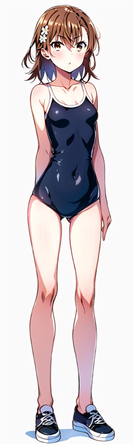 1girl, solo, new_misaka_mikoto,1girl,solo,misaka mikoto,brown hair,brown eyes,white flower hair ornament,short hair, small breasts, bangs,hair between eyes,collarbone, swimsuit,  standing, <lora:neu_misaka:1>, white background, full body, simple background,