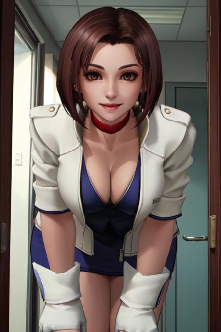 Alice.brown hair,short hair,brown eyes,cleavage,
choker,white, cropped jacket,jacket,gloves,skirt,
standing, upperbody, smile,  leaning forward, 
hospital room. 
 (insanely detailed, beautiful detailed face, masterpiece, best quality) 
 <lora:Alice:0.7>