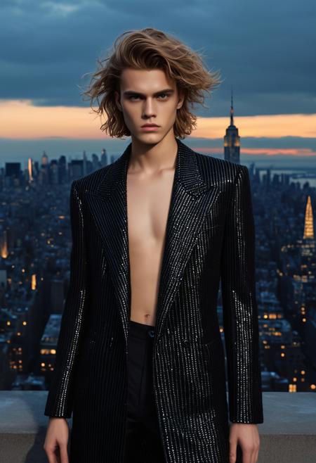 An ultra-detailed photorealistic representation of a fashionable 21-year-old with cascading hair, exhibiting a commanding stance in a setting inspired by JW Anderson's matrix, with subtle interweaving elements of renowned New York landmarks overridden with distinctive London elements glistening under the nocturnal sky, intensified drama of the scene delicately heightened by the tranquil backdrop of diffused golden sunlight,