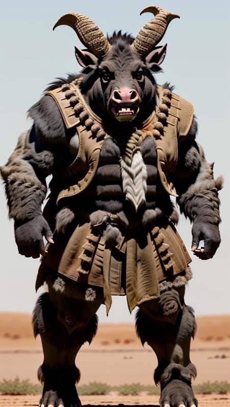 a detailed (full body) (from distance:1.2) photography of RamTrolloc with (Boar snout:1.1), grey body. standing in empty desert. dirty fur, bloodied

 <lora:WoTMonRam:0.7>