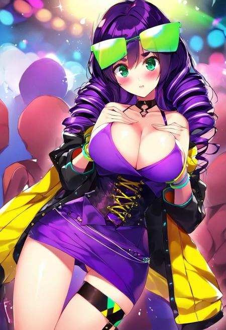 Twin Drill Hair, Sunglasses, green eyes, choker, bangle, thick eyebrows, blushing, cute, Multi-colored Purple hair with stripped Neon Green Highlighted spiral twin drill perfect hands, medium breasts, Blushing, Cute, Pulling on clothing straps, arms squeezing breasts together, cleavage, String Corset & Dress top, busting out of clothes, Wearing a jacket l(yellow black jacket:1.5 l ) loosely, shoulders exposed 
 garter strap, Asymmetrical Legwear, Hexagon Print, oversized clothes, pantyhose, single leg pantyhose, jacket, purple tank-top shirt, low-cut shirt, cleavage, large breasts, thigh-high
In a crowded club, surrounded by onlookers