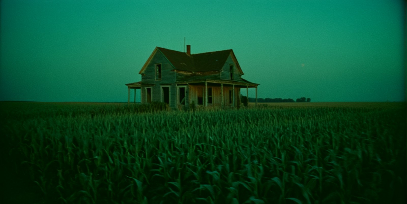 cinematic, 1950, abandoned house, cornfield, low saturation, at dawn, film grain, Æ/22, Short telephoto focal length, sho...