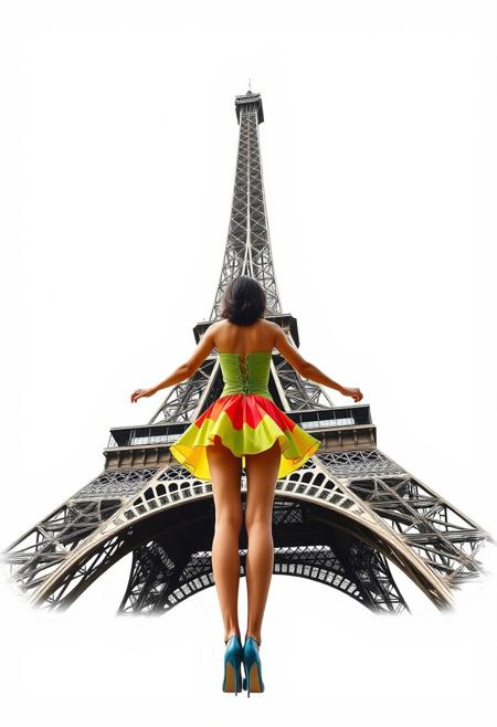 i love architecture! i can stare at the eiffel tower for hours, colorful short dress, spread legs, eiffel tower back girl, art sketch, minimalism, elegance and simplicity, understated lines, octane rendering, hyper-realistic, ultra-sharp, hyper-detailed, professional photoshoot, chiaroscuro lighting, vivid colors, front below view