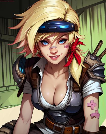 Tina,blue eyes,blonde hair,
belt,goggles on head,fingerless gloves,bandaid on face,hair ribbon,armor,cleavage,
sitting,upper body,smile,
western bar,wastelands,
(insanely detailed, beautiful detailed face, masterpiece, best quality),solo,<lora:Tina-10BL3v2:0.8>,