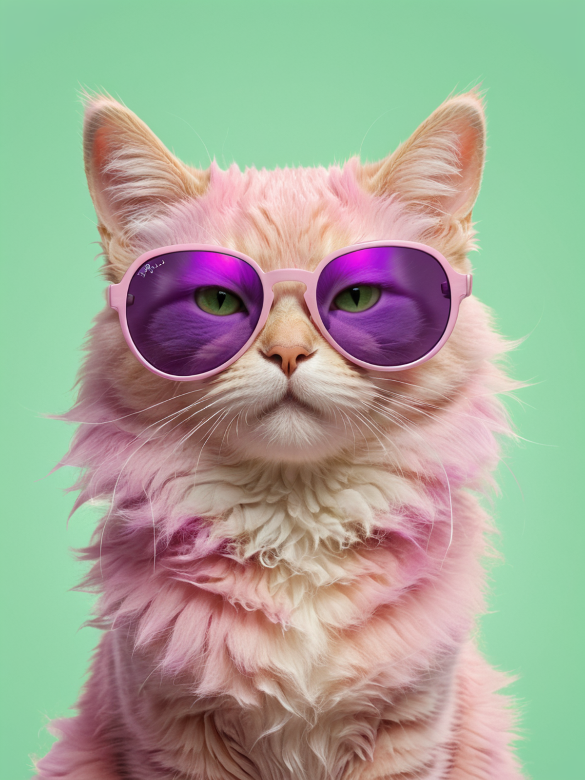 Portrait of a cute fluffy pink cat wearing large sunglasses, colorful, center image, clean borders, symmetry, symmetrica, ...
