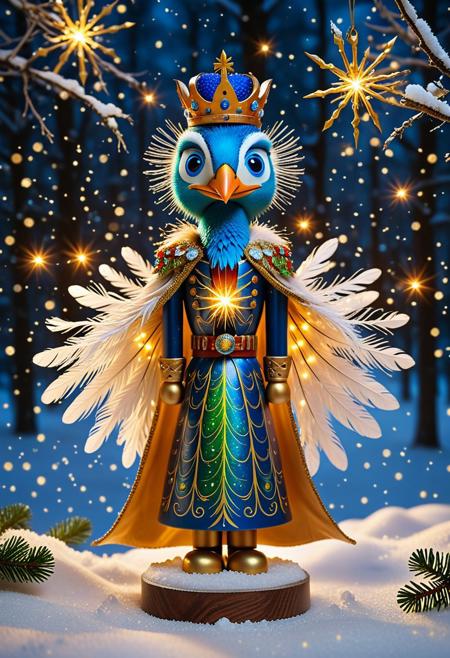 (fine texture, masterpiece, ultra-detailed, very awa, best quality, very aesthetic, absurdres, newest, cinematic lighting, magical atmosphere, rating_safe), BREAK, 
nutcracker peacock, wooden feathers with carved details, big round painted eyes,, BREAK, 
wearing a Nutcracker cape adorned with glittery stars, tiny golden crown on its head, holding a rolled scroll in one claw with "Merry and Bright" painted on it, BREAK, 
perched on a snow-covered tree branch, surrounded by glowing fireflies that look like tiny Christmas lights, soft snowflakes falling gently, moonlight reflecting off the snowy ground, BREAK, 
outdoors, starry forest at night, trees draped in snow, subtle blue and white glow from the fireflies, soft magical light illuminating the Nutcracker peacock, whimsical and serene atmosphere, BREAK.