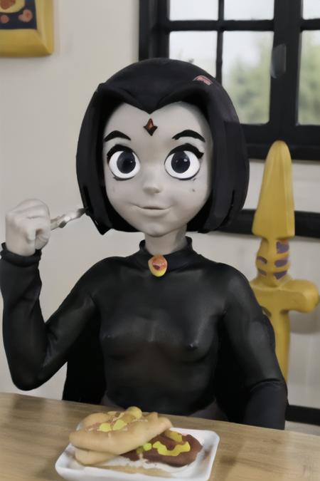 1girl, claymation, , 80's anime style,   <lora:TFM_Raven:0.6> eating a chili dog at a kitchen table in an american home, wearing black leotard and cape, forehead diamond