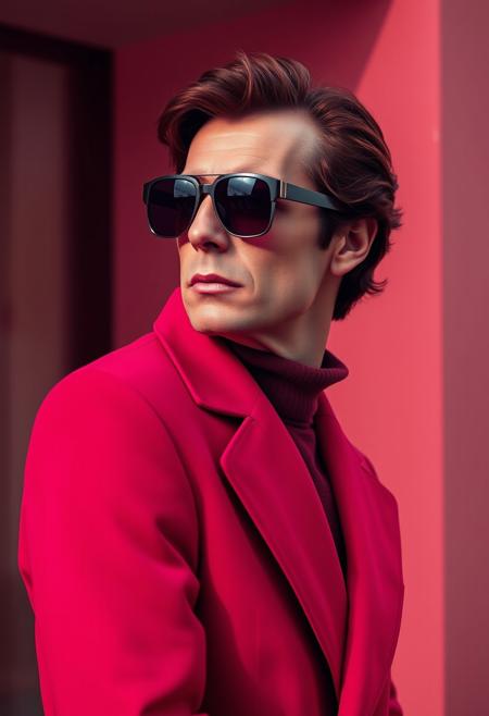 The best mobile wallpaper, Award-winning wallpaper, Portrait Photography, In front view is a portrait of alain delon wearing 1960s mid-century space-age fashion, Side view shot, Shot with Canon EOS R5, Setting a stark contrast that accentuates the subject, Fluorescent maroon shade, Wearing a very fashionable lounge coat and sunglasses are a hip 1960s style, Clothing all in one color, Beautiful background