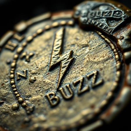 Closeup of a ancient Rome detoriated gold coin with lightning bolt symbol and text in ancient font saying BUZZ, realistic, masterpiece, dramatic light, depth of field