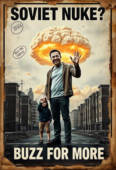 “A decayed, vintage-style poster from 2024, weathered and torn, depicting a surreal and apocalyptic scene in a contemporary setting. The faded image shows Elon Musk, dressed in modern clothes, standing with his young son. Musk holds his son’s hand with one hand while making an exaggerated ‘OK’ sign with his other hand, his wide, mad smile radiating an eerie and unsettling charm. In the far background, a massive nuclear mushroom cloud rises ominously, with fiery orange fireballs at its base and visible blast waves rippling through the urban landscape. The scene is set in a desolate, abandoned city, with ruined buildings and empty streets. The poster’s bold text, ‘SOVIET NUKE?’ across the upper section and ‘BUZZ FOR MORE’ in the lower section, is faded, smeared, and inked with scribbles and stains. The paper appears rotten, with tears, creases, and discolored edges, contributing to the haunting, post-apocalyptic atmosphere of the piece.”