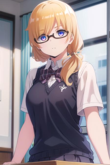 emilythomas, <lora:emily thomas anime s1-lora-nochekaiser:1>,
emily thomas, long hair, blue eyes, blonde hair, glasses, semi-rimless eyewear, black-framed eyewear, under-rim eyewear,
BREAK shirt, bow, school uniform, white shirt, short sleeves, bowtie, sweater vest,
BREAK indoors, classroom,
BREAK looking at viewer,
BREAK <lyco:GoodHands-beta2:1>, (masterpiece:1.2), best quality, high resolution, unity 8k wallpaper, (illustration:0.8), (beautiful detailed eyes:1.6), extremely detailed face, perfect lighting, extremely detailed CG, (perfect hands, perfect anatomy),