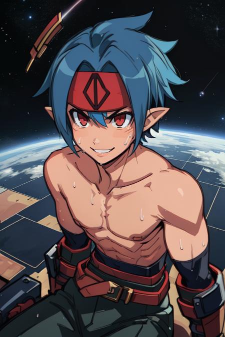 MWarrior, blue hair, red eyes,  pointy ears,  topless male, short hair, black gloves,  
pants, blue belt, blue headband,   
outer space, stars,  cowboy shot, 
(insanely detailed, beautiful detailed face, masterpiece, best quality) 
smile,   sitting,    sweat, 
solo, upper body,  <lora:malefighter-10v5:0.7>