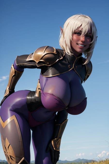 nualia, purple skin, pointy ears armor, bandeau