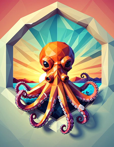 polygon style, low-poly animal, angular shape,
geometric octopus smoking a cigar,
clean polygon edges, symmetrical design, digital art,
<lora:Polygon_Lora_XL:1>
background polygonal sunset from window