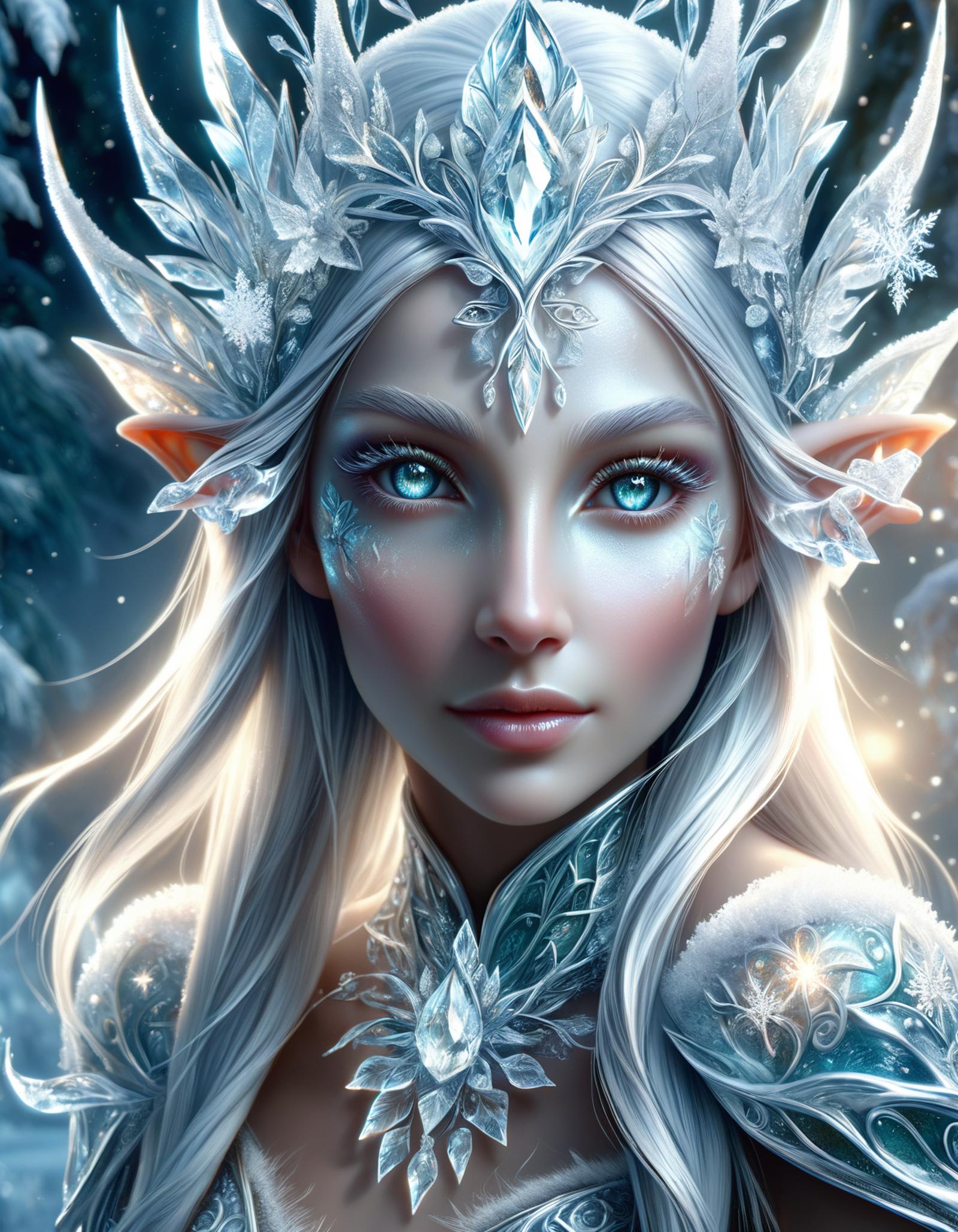 A beautiful elf woman with blue eyes and a white crown, snowflakes and icy elements on her outfit.