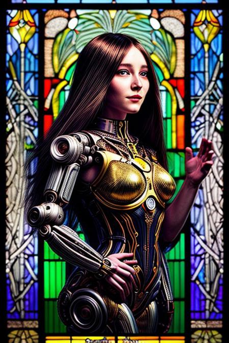 A humanoid AI represented in Art Nouveau style, with intricate, flowing lines and decorative patterns. She has a serene expression, her hair a cascade of metallic threads intertwined with floral motifs. Her body is partly robotic, with gold and pearl accents, seamlessly blending with organic forms. The background is a stained-glass-style design, featuring celestial and floral imagery. Art style: detailed, ornamental, and vintage-inspired."