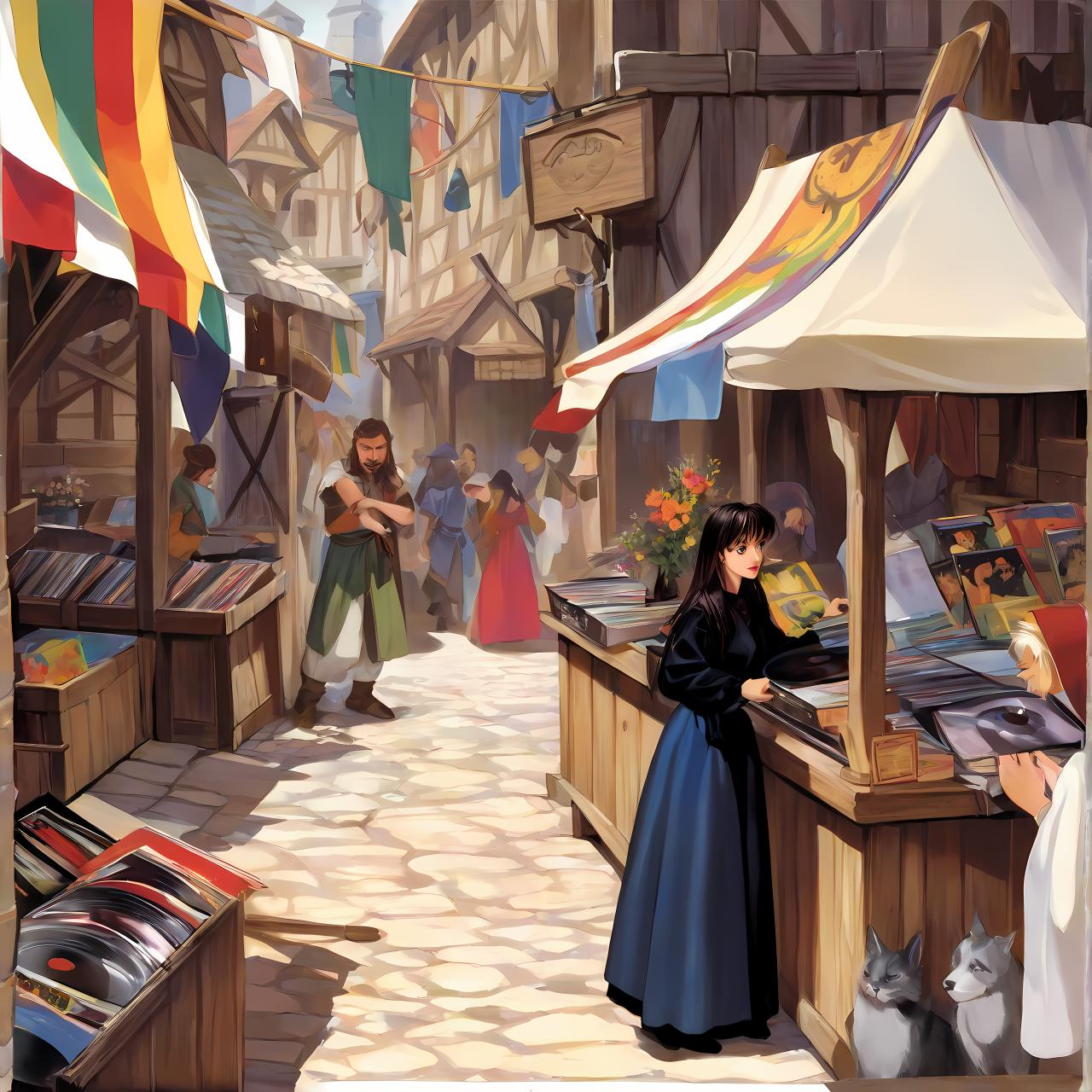 vinyl album, vinyl, record jacket, vinyl cover, vinyl cover from 1990s,  album cover art, top-rated, top - rated, 90s, album art, 

 mixed colors ,

 ,

 flower ,

 ((shadow)) ,


medieval marketplace, bustling crowds, wooden stalls, colorful banners, 