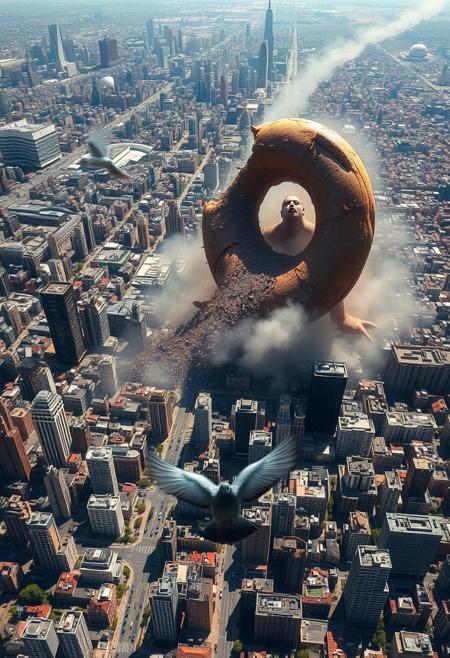 An aerial view of a sprawling city in the daylight, a gigantic monster shaped like a half-eaten donut rampages across the city with a trail of destroyed buildings behind it. There's a pigeon flying in the extreme foreground.