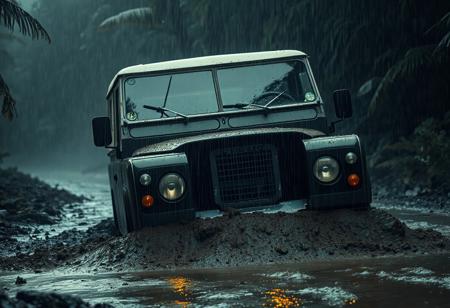 Land Rover Series I stuck in muddy rainforest during a tropical downpour, heavy rain falling, windshield wipers in motion, headlights glowing through mist, dramatic cinematic lighting, water droplets on camera lens, moody atmosphere, realistic reflections on wet metal, old explorer style
--ar 16:9 --style film --q 2
<lora:rain_effects_realistic:0.8> <lora:classic_cars_vintage_adventure:0.8> <lora:cinematic_moody_lighting:0.75>