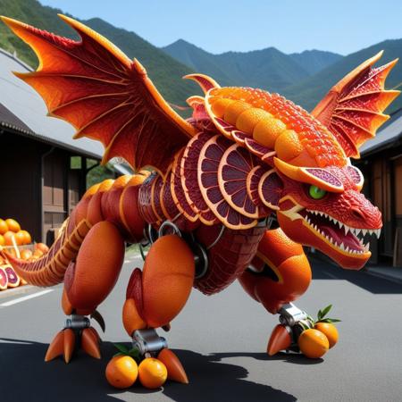 blood orange style, codeandigital, c0dean0igital, cyberw0rlds, no humans, dragon made of blood oranges, mountain background, mountain made of blood oranges, wings made of blood oranges, claws, solo, open mouth, tail, orange eyes, sharp teeth, teeth, monster, robot, full body, non-humanoid robot, horns, mecha, flying, tongue, from side, creature, fangs, science fiction, glowing, spikes, blood orange scales, orange gem, looking at viewer, armor made of blood oranges, Tokio streets background, Tokio, mountain, Fuji, wearing glasses, glasses made of blood oranges