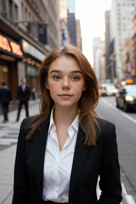 SashaPorfirova, photography by (Rodney Smith:1.3), ((upper body focus, shoulders)), modelshoot, pose, (business suit, black jacket, white blouse, facing viewer, busy Manhattan sidewalk, looking at viewer, blurry background, bokeh, ID photo:1.3), serious look