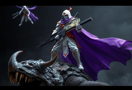 An intricately detailed Earth Armor Ninja model stands atop a fearful earthbound creature, with a dynamic purple cape flowing behind it. The ninja, primarily white with red, blue, and gold accents, holds a large gun and shield, ready for action. The ninja's head is turned, surveying the surroundings, as a stark contrast to the earthbound. A glimpse of another Earth Armor Ninja is visible in the top left corner, suggesting . The artwork is expertly crafted with 4K exceptional quality, lifelike details, harmonious colors, dynamic action pose, captivating lighting, and intricate textures (8k resolution, 300 total cells) for a powerful, cinematic impact.