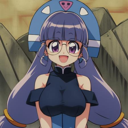 (masterpiece), (best quality), gluko_moncolle, 1girl, solo, breasts, looking at viewer, smile, open mouth, blue headwear, bare shoulders, very :d, glasses, blunt bangs, yellow background, v arms, purple hair <lora:gluko_moncolleknights:1>