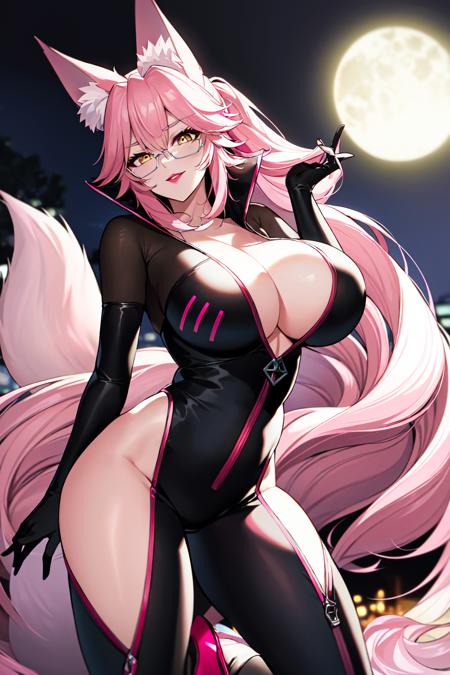 (AS-Adult:1.2), 1girl, solo, masterpiece, best quality, koyanskaya \(fate\):0.95, huge breasts:1.05, yellow eyes:1.5, seductive smile:1.2, (absurdly long hair:1.4),  glasses, pink hair:1, , (mature female:1.2), (red lips:1.2), seductive expression, (night time, night:1.5), lights off, (fox ears:1.2), animal ears, ((pink fox ears:1.4)),  seductive smile:1.2,  (slim waist:1.2), (pink fox tail:1), contrapposto,  hair between eyes,  (pink fox tail:1.5),  curvy, , <lora:Koyan-dama-2:0.6>, koyan-la1, black bodysuit, cleavage:1, partially unzipped, red lips:1, hip vents, high heels,