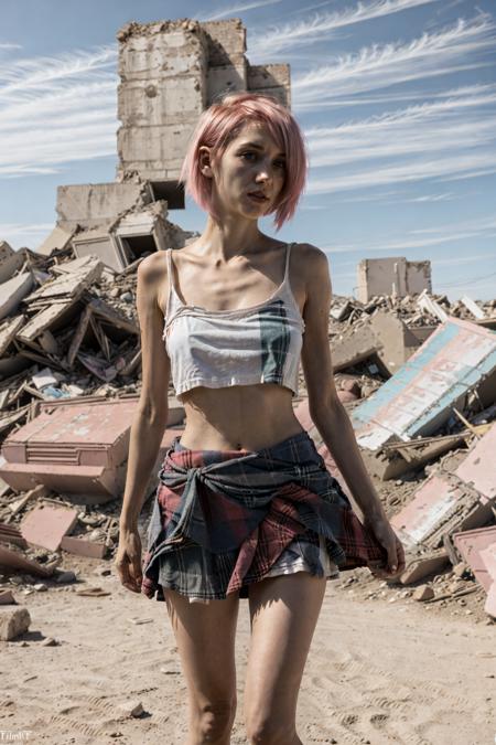 Fujifilm X-T3, ultrarealistic, 1girl, innocent, dim light, detail, skinny, pink short hair, white camisole, blue plaid miniskirt, wasteland, rubble, perfect hand <lora:hairdetailer:1>, <lora:DetailTweakerLora:0>  <lora:ApocalypseEngine2:0.7> <lora:Hand v3 SD1.5:1>
