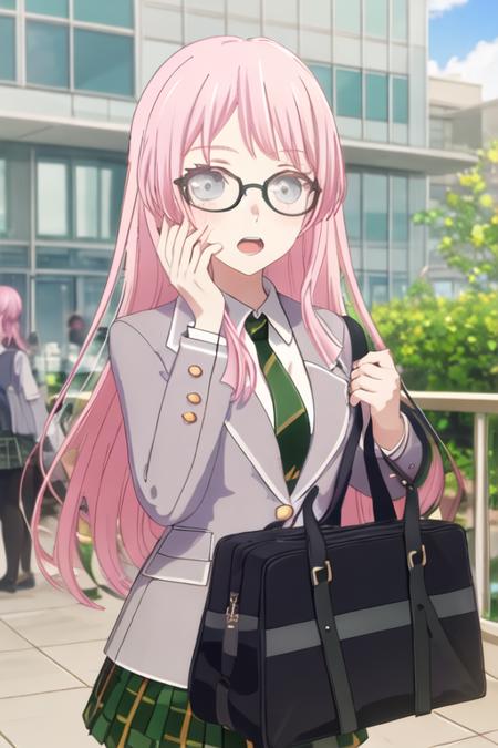 best quality, masterpiece, highres, solo, {chihaya_anon_bangdreamitsmygo:1.15}, long_hair, pink_hair, bangs, blush, necktie, grey_eyes, blazer, open_mouth, upper_body, indoors, 1girl, black-framed_eyewear, blue_sky, blurry, blurry_background, day, glasses, looking_at_viewer, outdoors, shirt, sky, white_shirt, cloud, dress, plaid, plaid_dress, bag, from_side