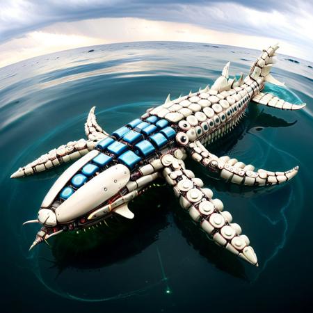 a robotic leviathan surfacing from an electric ocean, body made of oversized alkaline cells, dorsal fins shaped like voltage meters, lightning coursing through transparent plating, sonar pulses warping the sky above, B4TT3R13S, made of batteries