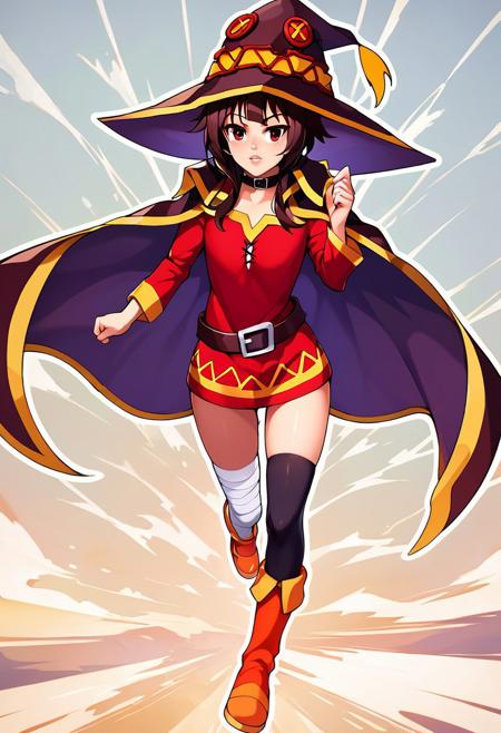 score_9, score_8_up, score_7_up, zzCitronCAT, perfect lips, white outline, digital art, masterpiece, 8k wallpaper, bright colors, vivid, whimsical, deep shadows, anime cover, 2d art, anime art,
extremely windy, 
1girl, (Megumin), panic, mage hat, chocker, scarse, cape,
running