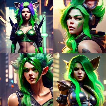 wild gremlin woman with green hair, hyper detailed, digital art, cyberpunk style, cinematic lighting, studio quality, smooth render, unreal engine 5 rendered, octane rendered, art style by klimt and nixeu and ian sprigger and wlop and krenz cushart