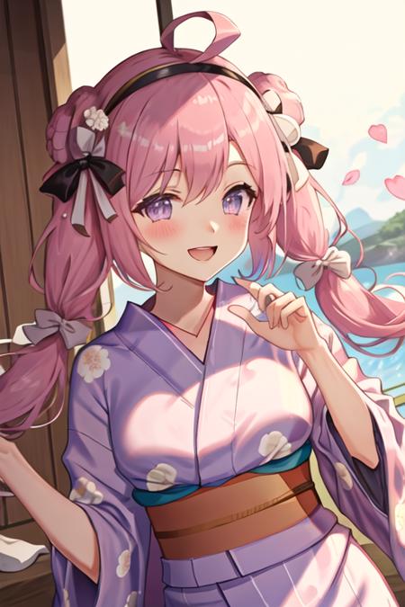 best quality, masterpiece, highres, solo, {yukata:1.40}, {kimono:1.20}, {saratoga_azurlane:1.15}, pink_hair, purple_eyes, ahoge, blush, smile, twintails, ribbon, bangs, bow, long_hair, hairband, open_mouth, hair_ribbon, breasts, hair_between_eyes, hair_bow