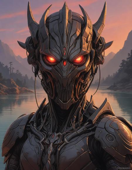 gta 5 cover, meticulous attention to details, dark elf,drow, burning red eyes, Serene lake reflecting a fiery sunset