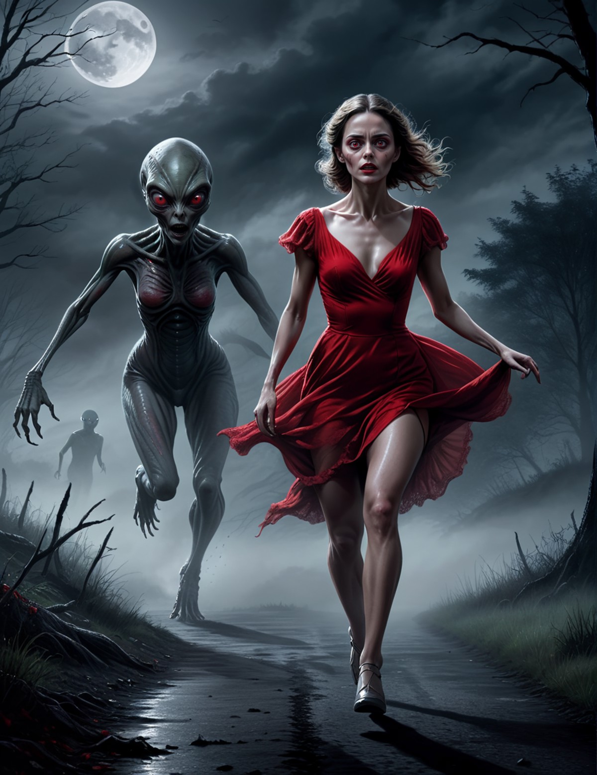 digital drawing, horror movie scene of a beautiful woman in a red dress being stalked in the dark by an alien, spooky, ter...