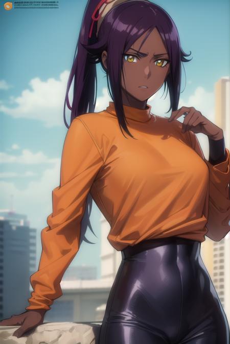 yoruichishihouin, <lyco:yoruichishihouin-lyco-nochekaiser:1>,
yoruichi shihouin, long hair, (yellow eyes:1.5), ponytail, purple hair, dark skin, (dark-skinned female:1.5),
BREAK bodysuit, black bodysuit, bodysuit under clothes, (orange shirt:1.5), long sleeves,
BREAK outdoors,
BREAK looking at viewer, (cowboy shot:1.5),
BREAK <lyco:GoodHands-beta2:1>, (masterpiece:1.2), best quality, high resolution, unity 8k wallpaper, (illustration:0.8), (beautiful detailed eyes:1.6), extremely detailed face, perfect lighting, extremely detailed CG, (perfect hands, perfect anatomy),