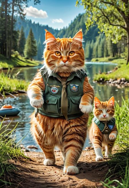 fluffy orange tabby fat cat wearing scout uniform walking guiding kittens wearing scout uniform, camping in the background, morning, grass land background, there is a tree far in the background, river in side, camping cat, cat and kittens standing and walking like human and children,