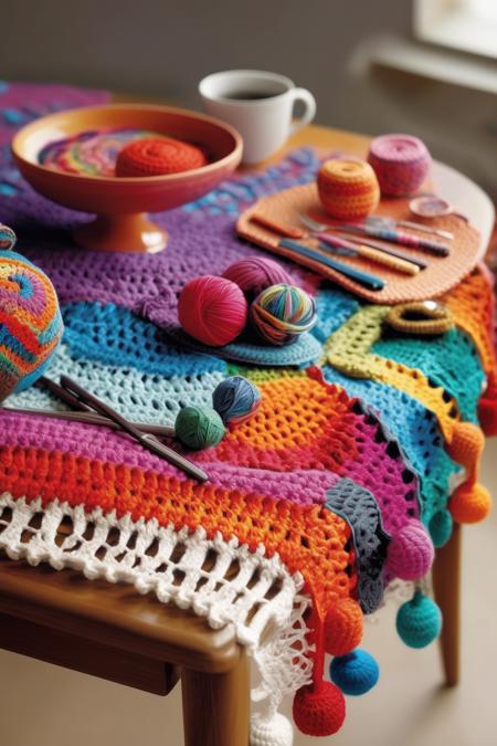 <lora:CROCHETED:1>CROCHETED - Anuncio publicitario para ropa de crochet una mesa con lanas de colores