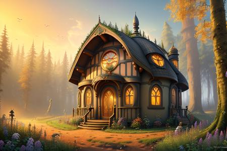 (Painting:1.3) of (one small hobbithouse in the middle of a forest with a round door and round windows on its side and a pathway leading to it, at sunset), (Low-angle perspective), (natural lighting), (Wide-angle lens capturing scenery), hidden objects games, video game concept art, (8K Unity wallpaper), fine details, award-winning image, highly detailed, 16k, cinematic perspective, ((video game environment concept art style)), pretty colors, cinematic environment, architecture, gothic, home design, forest cabin, magical, dark aesthetic, cottage, fairytale, goth, goth aesthetic, fairy tail, luxury, no humans, scenery, tree, outdoors, stairs, Highly Detailed