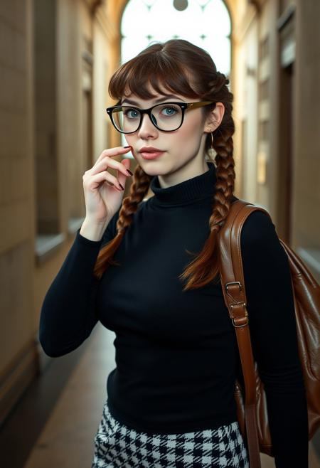 score_9, score_8_up, score_7_up, (realistic:2) , beautiful , masterpiece, thighs up photo,  
Nerdy 21 year old woman, college girl, nervous, timid, looking slightly to the side, cute round face, pale white skin, light freckles, big blue eyes, black rimmed glasses,  long shiny brown hair in twin braids with bangs, full lips, lips parted:0.8, teeth visible, naturally red lips,  medium firm round breasts:0.8, petite body, skinny, flat stomach , slightly wide hips, skinny, 
tight thin black turtleneck sweater stretched over her breasts:0.9, sweater tucked into skirt knee length black and white 
houndstooth pencil skirt:0.8, worn leather backpack slung over one shoulder, adjusting her glasses with one hand, walking through hallway of old college, beautiful side lighting from large windows,
