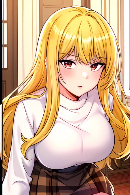 ((masterpiece, best quality)),1girl,standing,solo,indoors,blush,large breasts,((bare hands)),bow breasts,  bangs,  alice \(seka\), blonde_hair,(pantyhose), plaid, (plaid_skirt), red_eyes, solo, sweater, turtleneck, (white turtleneck_sweater, white_sweater) ,,,,,, ,extremely detailed CG unity 8k wallpaper, perfect lighting,Colorful, Bright_Front_face_Lighting,White skin, (masterpiece:1.0),(best_quality:1.0), ultra high res,4K,ultra-detailed, photography, 8K, HDR, highres, absurdres:1.2, Kodak portra 400, film grain, blurry background, bokeh:1.2, lens flare, vibrant_color,professional photograph,bow breasts,(Beautiful large_Breasts), (beautiful_face:1),(narrow_waist),Beautiful Finger,Beautiful long legs,Beautiful body,Beautiful Nose,Beautiful character design, perfect face,perfect balance,(2d)