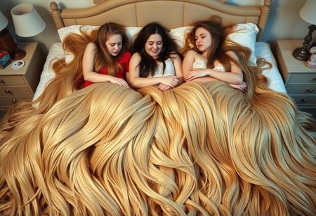 candid color photograph of a  group of stunningly beautiful horny college students with extremely long silky hair lounging together on their bed engaged in cuddling and amorous activities. Their hair reaches all the way to the ground and is laid out along the ground and atop the bed. enormous voluminous mounds of their hair bury them under a thick accumulated mass of amazing long long locks, the longest hair ever, meters of hair, longer than their feet, it trails behind them many meters along the ground