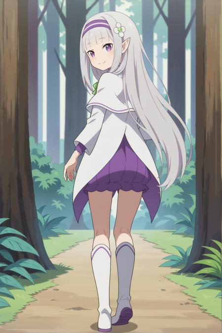 purple eyes hairband hair flower long hair grey hair white capelet purple dress white footwear pointy ears green bow blunt bangs long sleeves